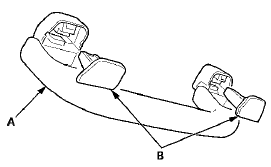 7. Install the clips (A) on the grab handle (B), then insert
