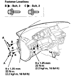 15. From under the dash, remove the mounting bolts (C).