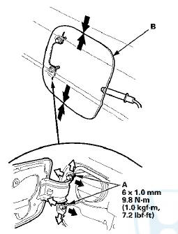 2 . Adjust the fuel fill door (B) in or out until it is flush with