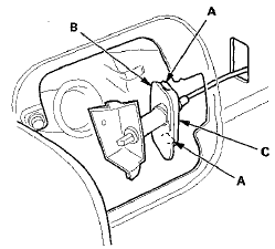 8. Release the hook (A), then remove the grommet (B)