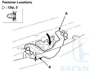 3. Remove the bolts, then remove the hood latch (A)