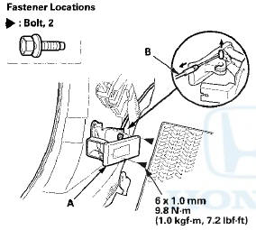 3. Disconnect the hood opener cable (B) from the hood