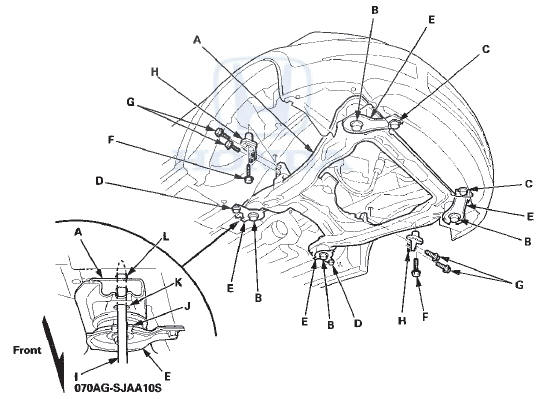 2. Tighten the bolts securing the subframe middle mounts to the specified