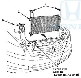 8. Remove the bolts, then remove the A/C condenser