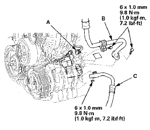 6. Remove the mounting bolts and the A/C compressor