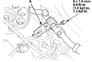 3. Remove the bolt, then disconnect the A/C line (A)