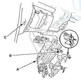 4. Remove the mounting bolt (B), release the tab (C), and