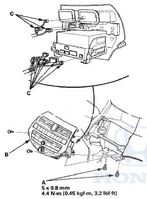 5. Disconnect the connectors (C), then remove the audio