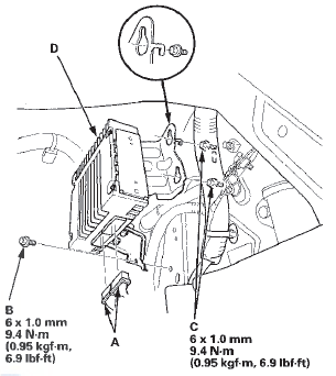 3. Remove the bolt (B) and loosen the bolts (C) securing