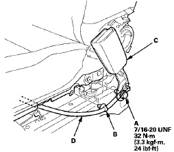 5. Pull out the seat belt buckle switch harness (D)