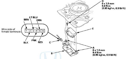 3. Disconnect the 6P connector (C) and remove the mounting bolt ( D ) , then