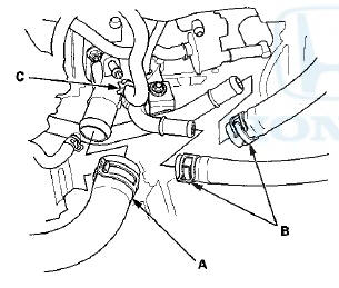 12. Remove the two bolts (A) securing the connecting