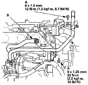 15. Connect the water bypass hose (B).