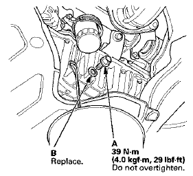 3. Reinstall the drain bolt with a new washer (B).