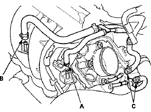 8. Disconnect the water bypass hoses (C), then plug the