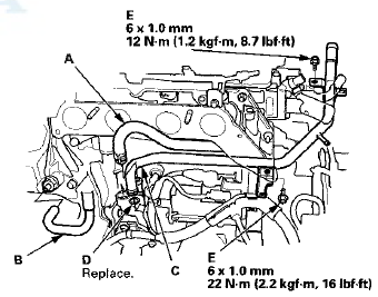 20. Install the connecting pipe (C) with a new O-ring (D),