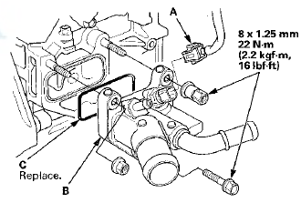 7. Install the water outlet with a new O-ring (C).