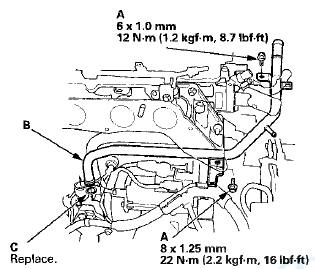 4. Install the connecting pipe with a new O-ring (C).