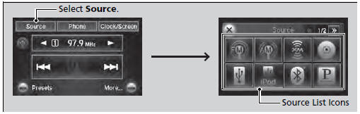 Select Source, then select an icon on the source list to switch the