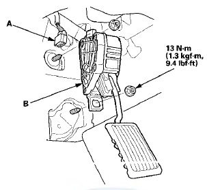2. Remove the accelerator pedal module (B).