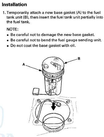 2. Transfer the base gasket (A) from the fuel tank unit to