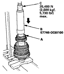 13. Install the distance collar (A), the 35 mm shim (B), and