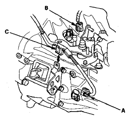 10. Remove the bolts (A), the harness clamp (B), and the