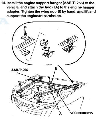 15. Remove the front engine mount stop nuts (A), the