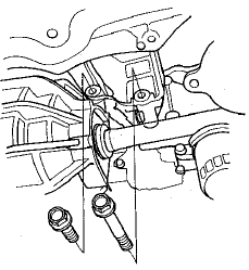 31. Remove the subframe mid mount bolts (A) and the