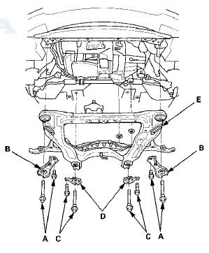 37. Remove the lower transmission mount bolts (A) and