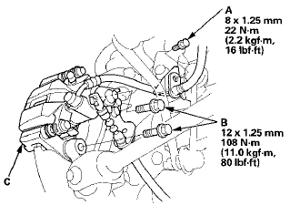 7. Remove the brake caliper bracket mounting bolts (B),