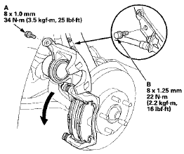 18. Install the brake hose mounting bolt (B).