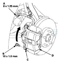 4. Remove the flange bolt (B) while holding the caliper