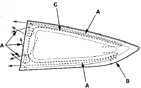 6. From inside the vehicle, cut through the adhesive (A)