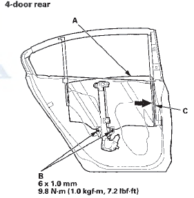 4. Push the glass against the glass run channel (C), then