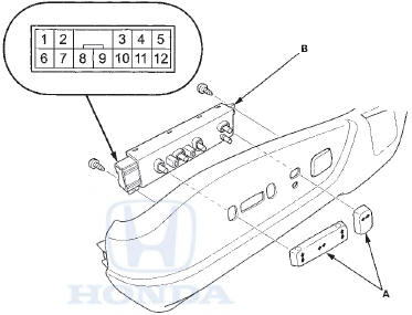 3. Remove the two screws and the power seat adjustment switch (B).